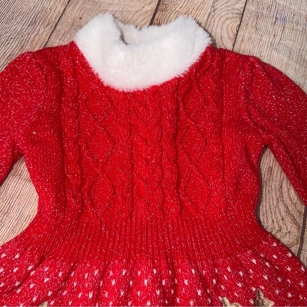 Little Lass 3T Girls' Red Holiday Sweater Dress with Faux Fur Collar